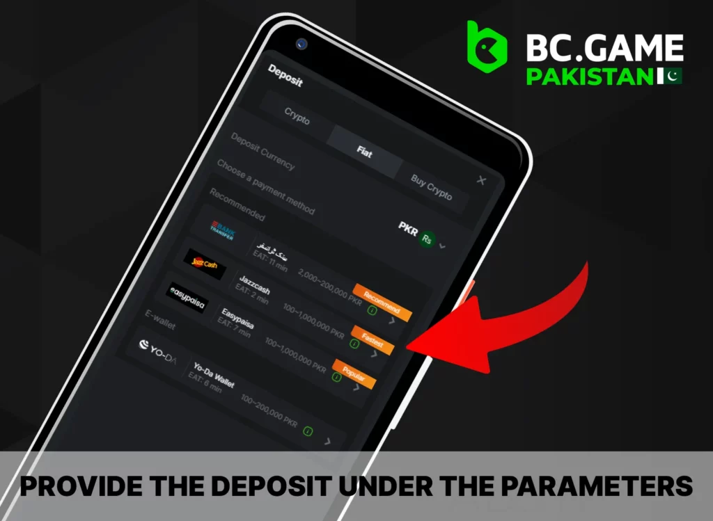 Provide parameters of your deposit at BC Game for Pakistanis