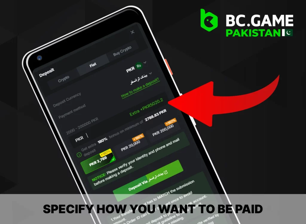 Specify payment details - BC Game for Pakistan