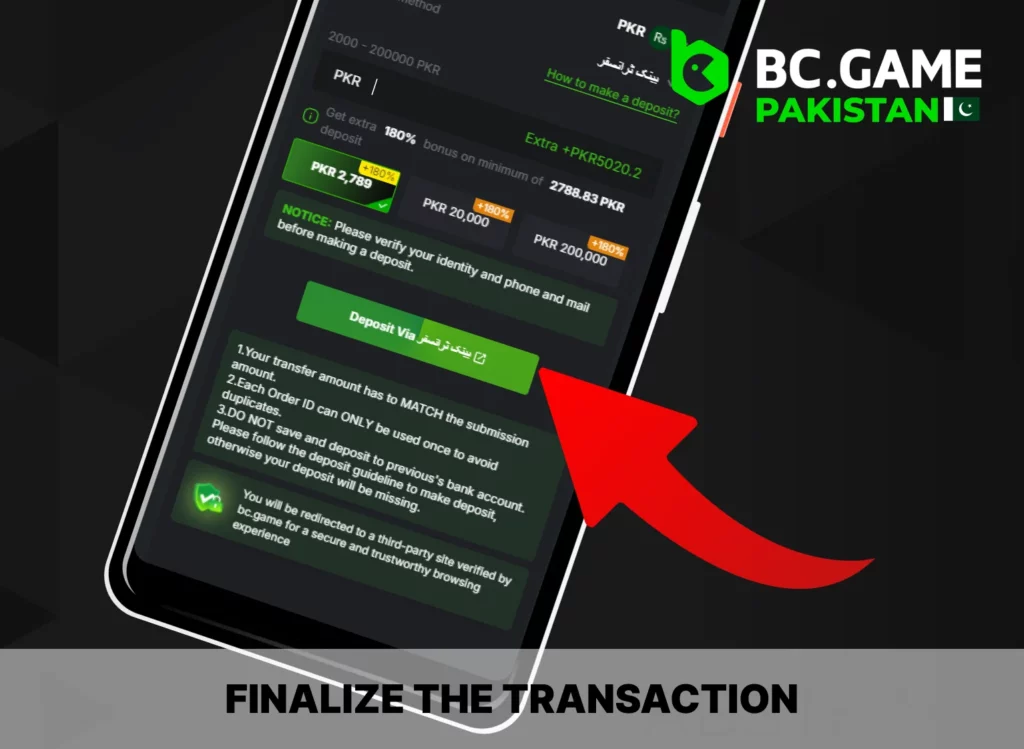 Finalize your deposit transaction - BC Game Pakistan