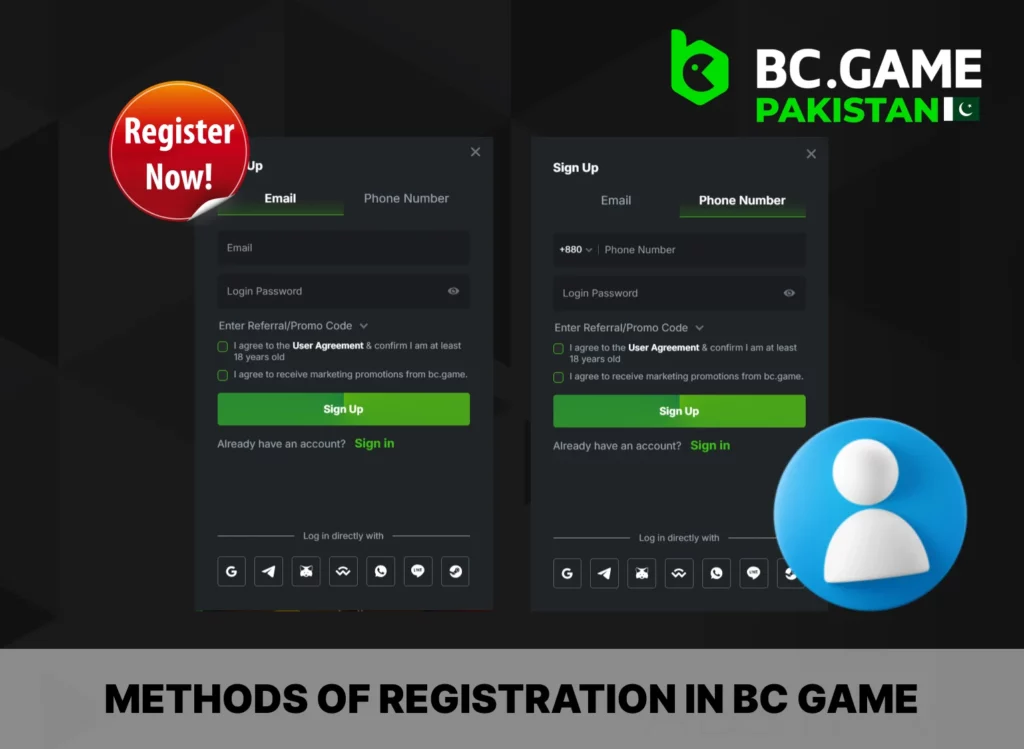 Available methods of registration at BC Game