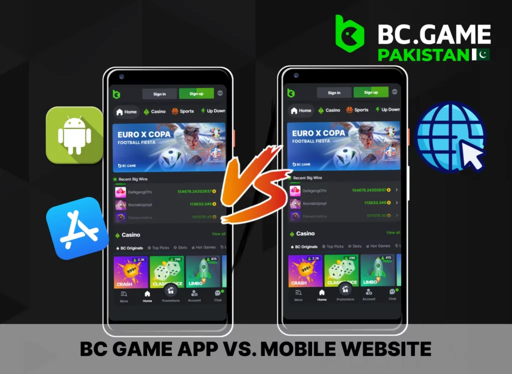 Main differences between the app and the mobile version of the BC Game website.