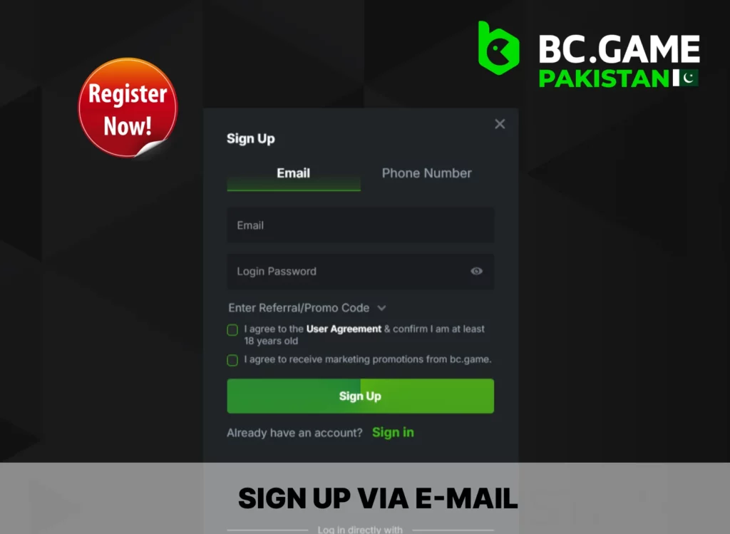 Create an account via E-mail at BC Game