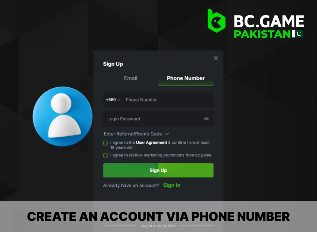 Create an account via Phone Number at BC Game