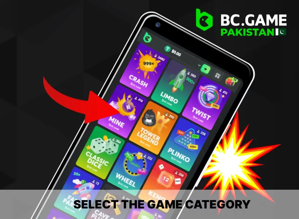 Choose Mines Category on the cite to play - BC Game Pakistan